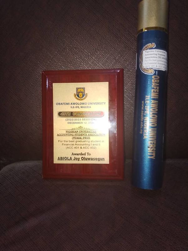 NUASA Prize plaque awarded to Abiola Joy Oluwasegun